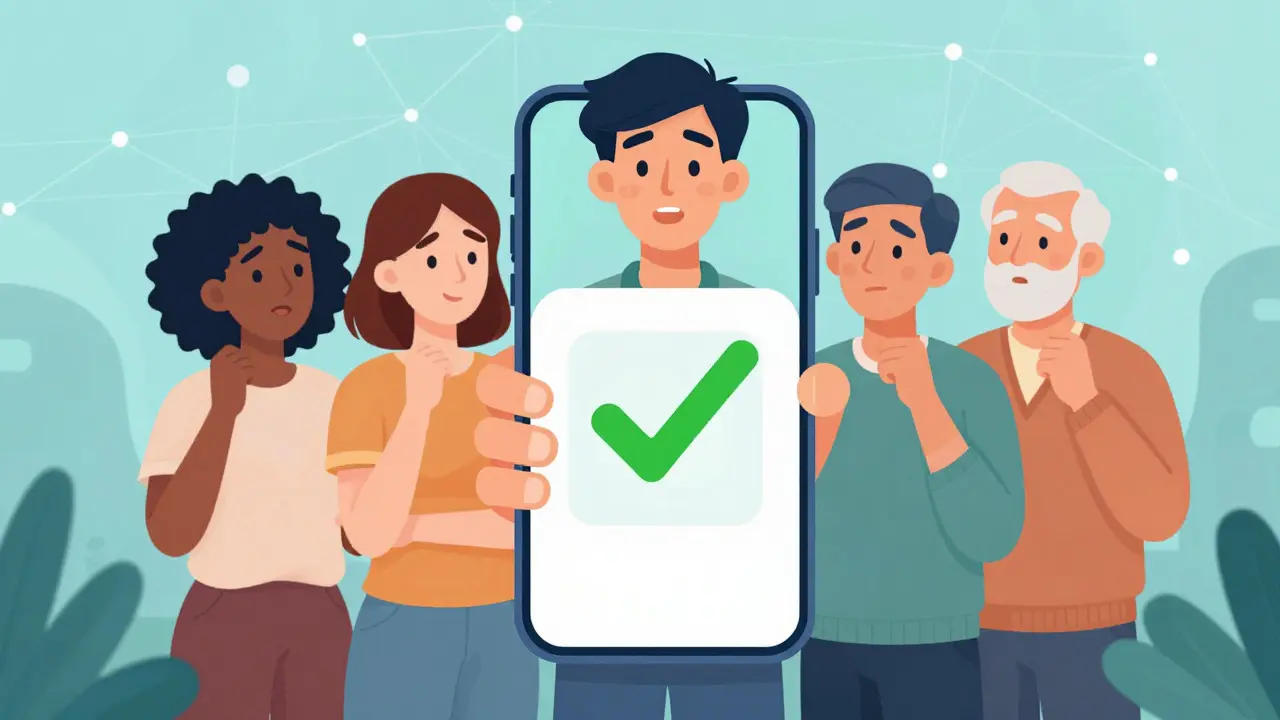 People using a smartphone app to verify their medication with a reassuring glow.