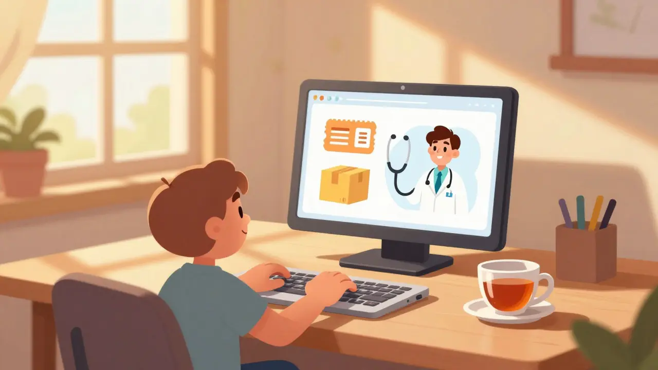 Person comparing online pharmacy prices on laptop at home