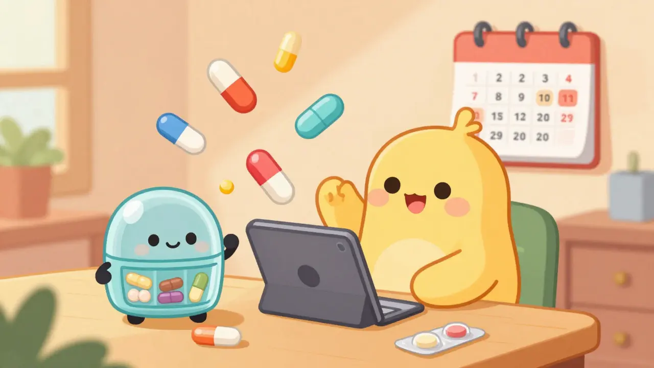 Person managing meds at home with cute pill organizer and tablet