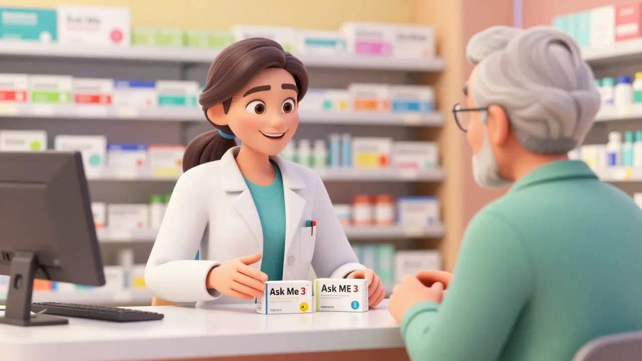 Pharmacist explaining medication differences to an elderly patient in a bright pharmacy.