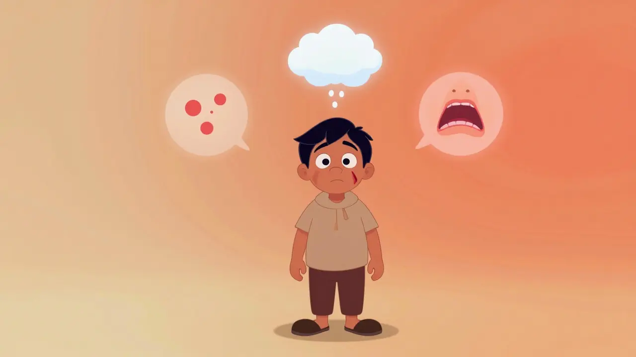 Stylized icons showing mild to severe allergy symptoms around a person
