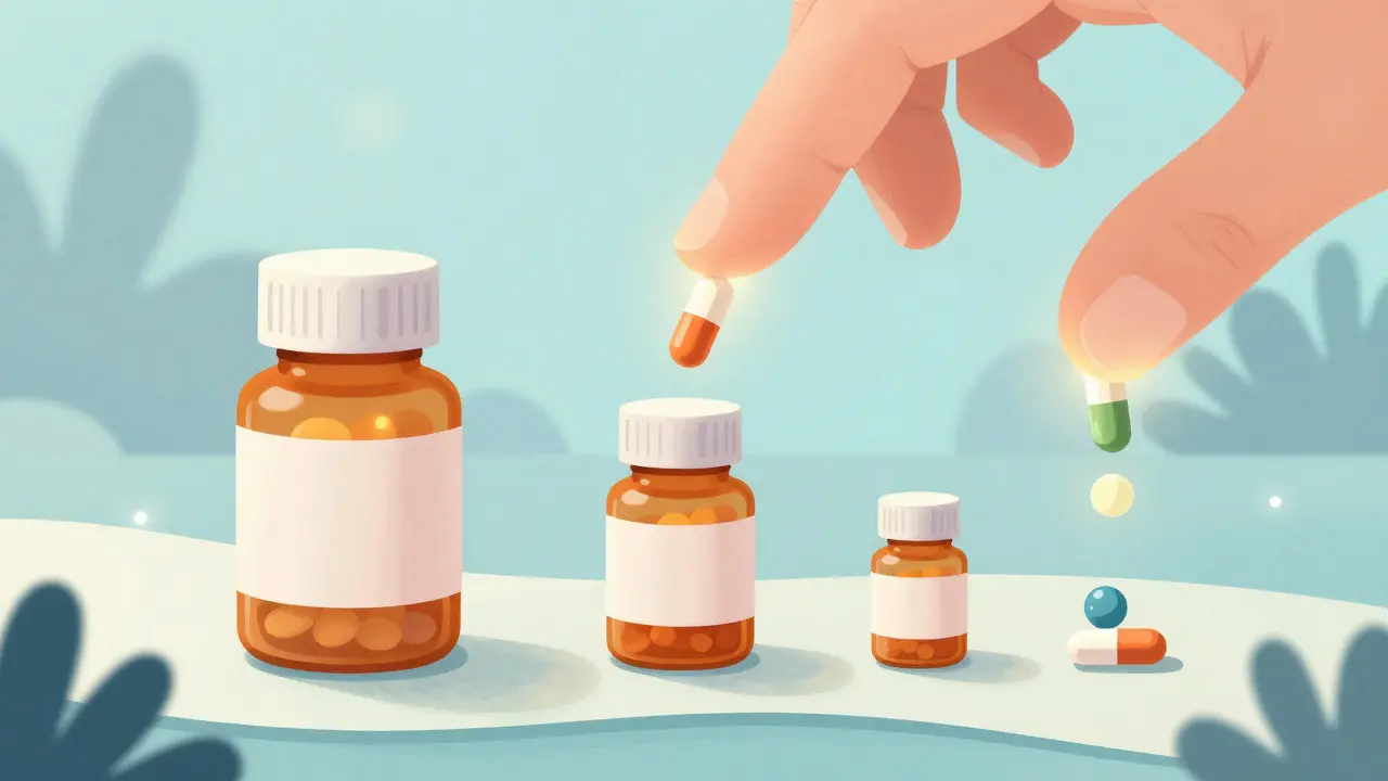 Stylized illustration of pills decreasing in number, symbolizing safe medication tapering.