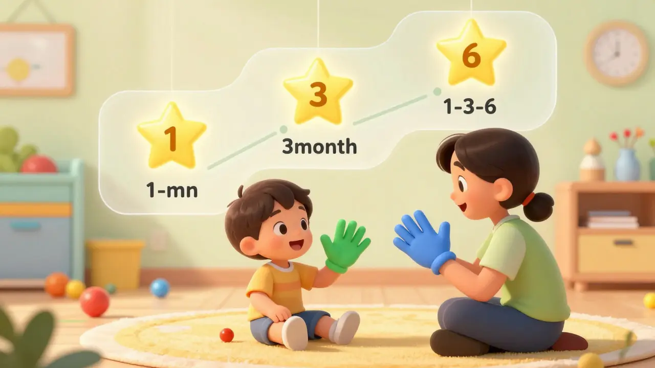 Toddler receiving speech therapy with milestone timeline in background