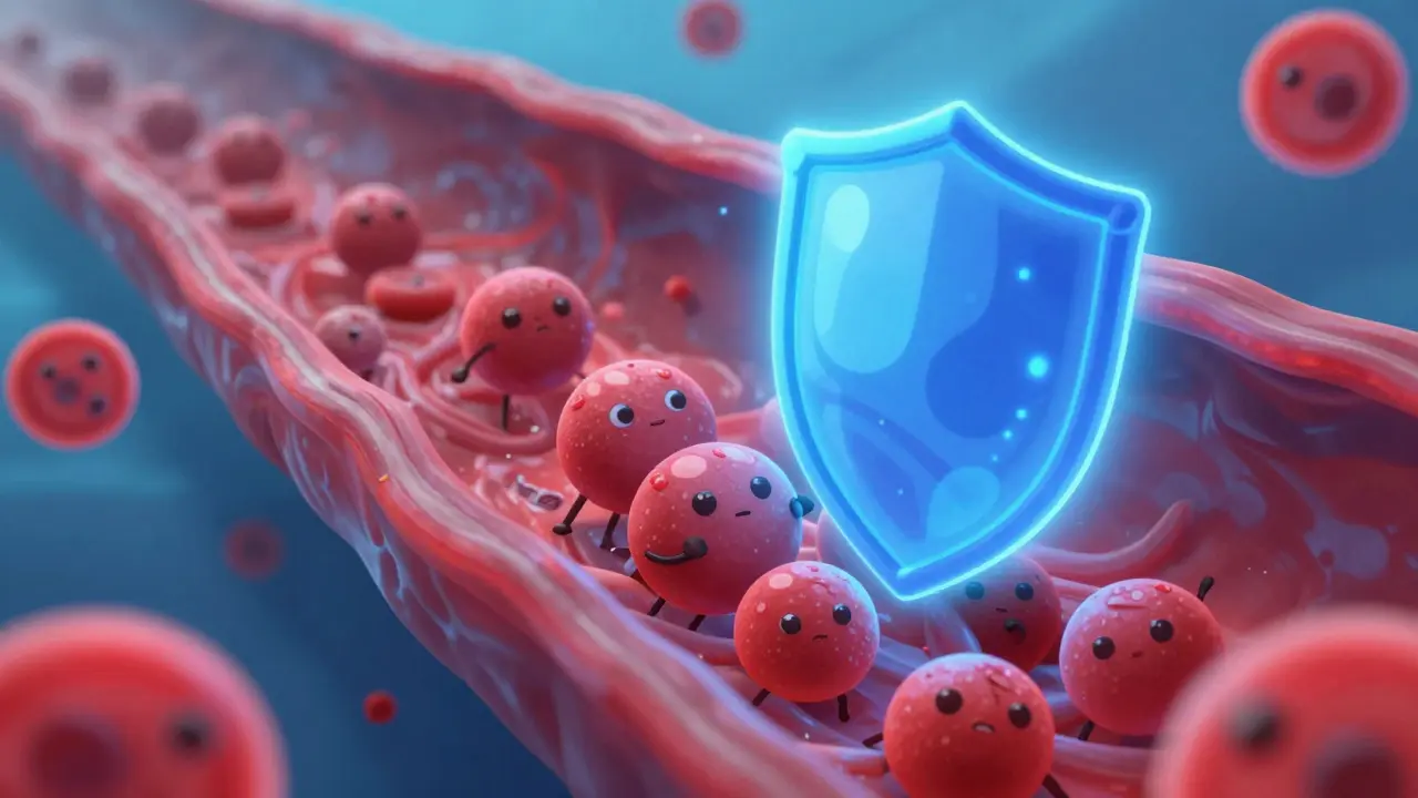 Whimsical illustration of platelets being kept apart by a protective shield in a blood vessel.