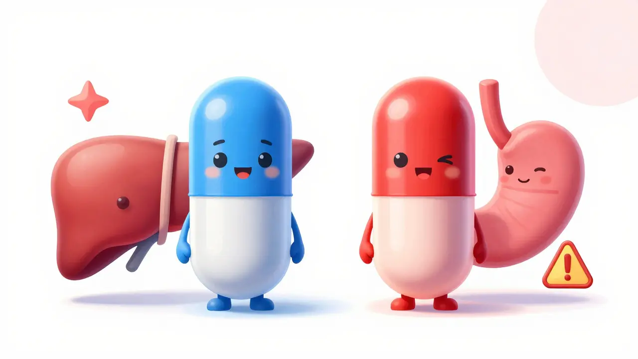 Anthropomorphic pills representing acetaminophen and ibuprofen