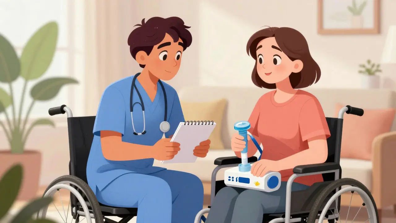 Caregiver discussing care plans with an ALS patient in a living room