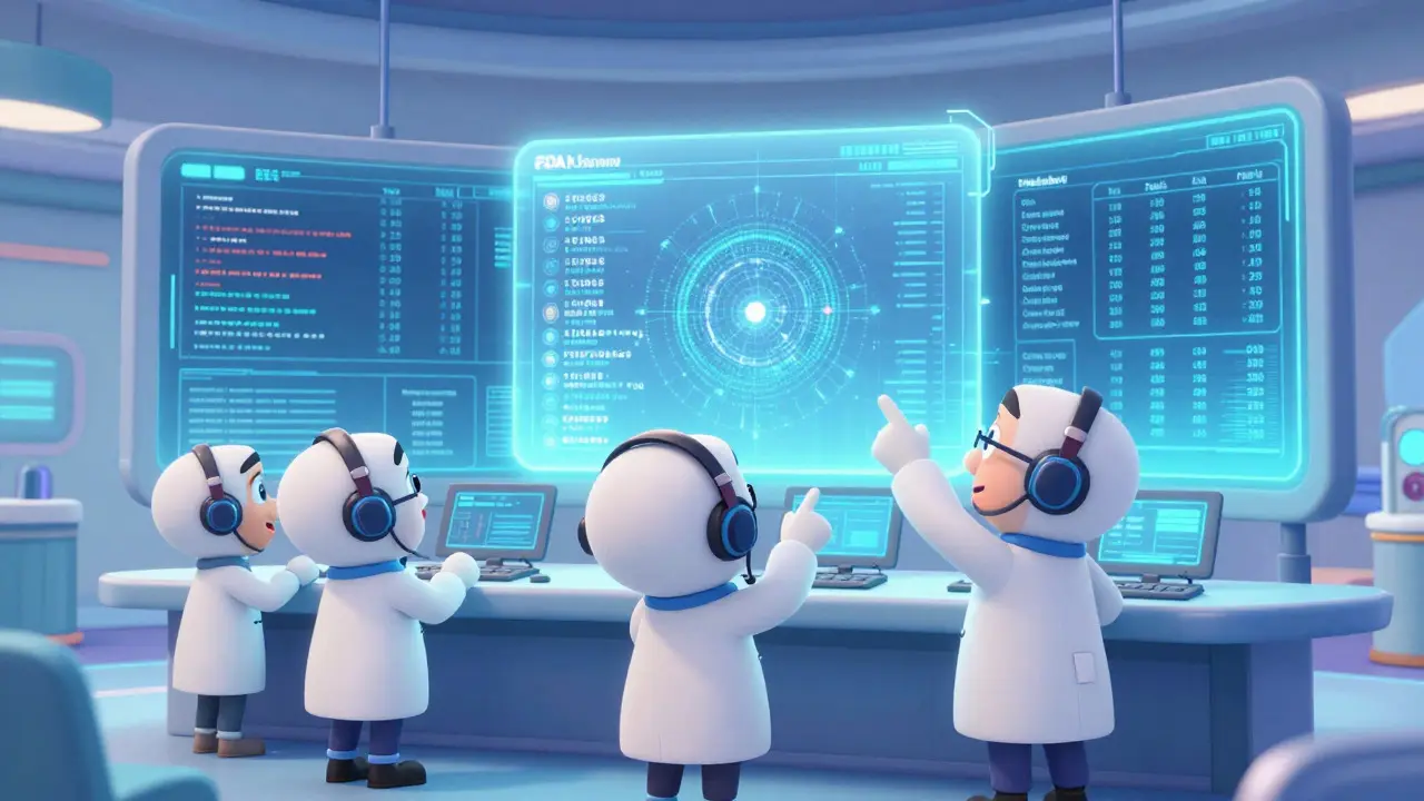 Cartoon scientists monitoring health data screens in a futuristic Disney-style control room.