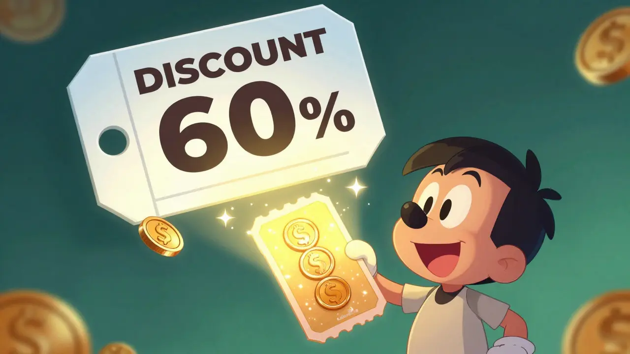 Cheerful character finding a glowing discount coupon next to expensive medicine