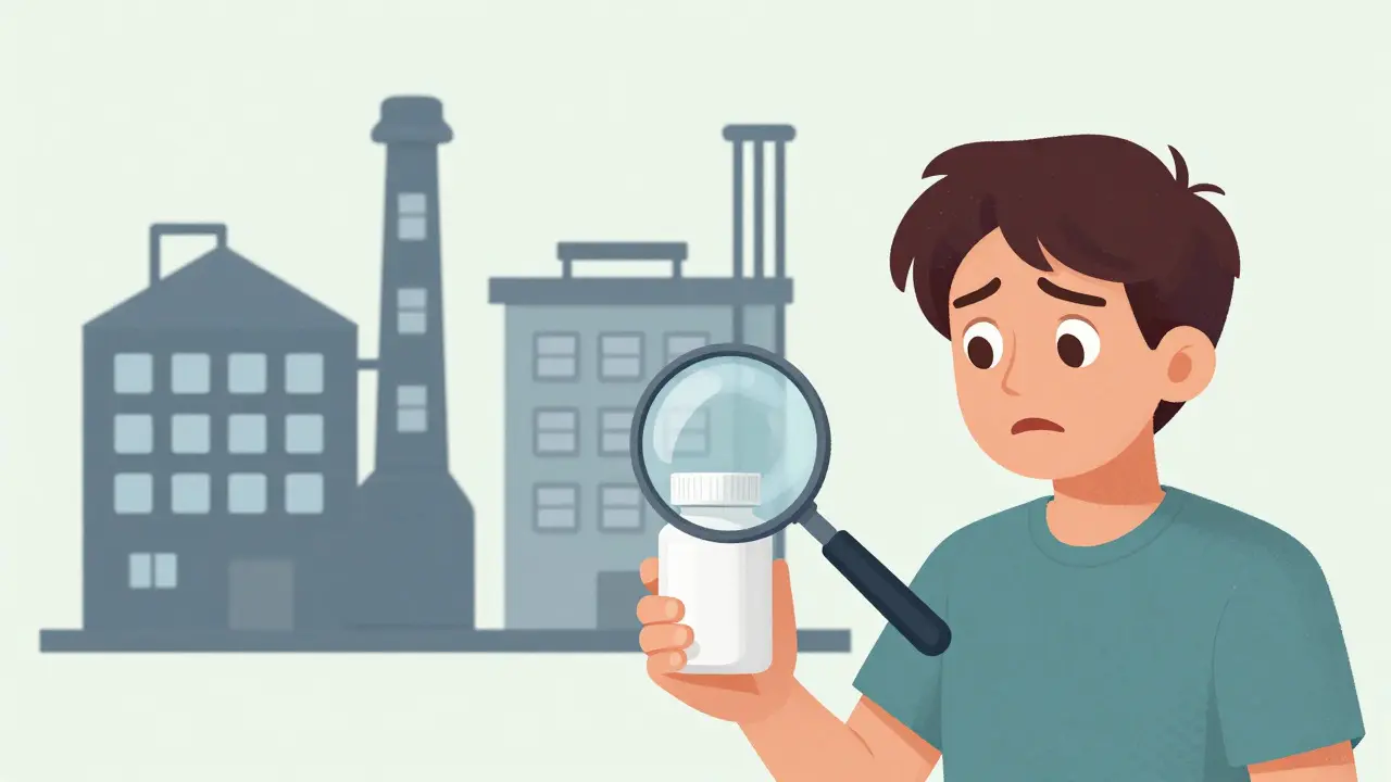 Confused patient holding a pill bottle with multiple factories in the background, Disney style.