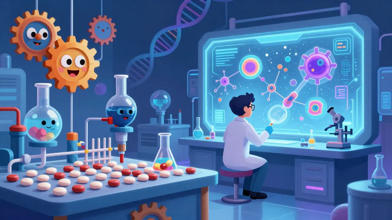 Contrast between simple pill production and high-tech biosimilar lab in a Disney-style illustration.