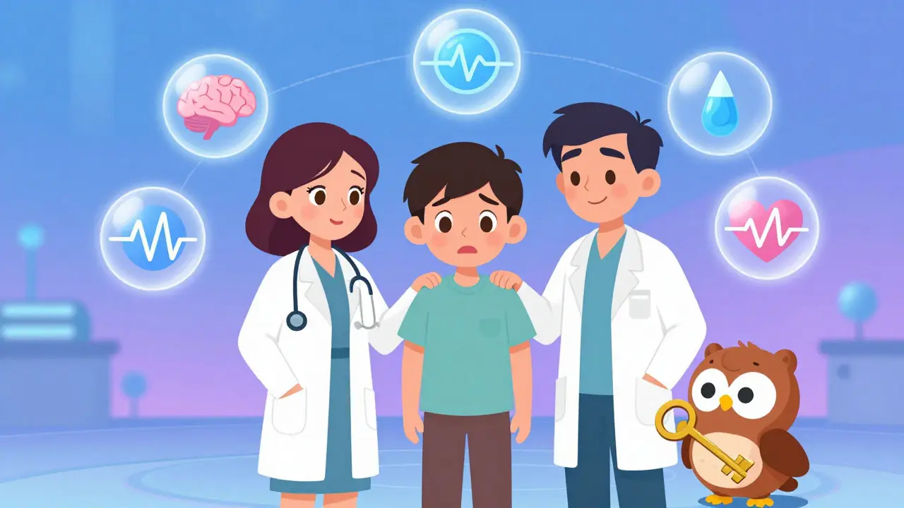 Doctor and therapist supporting a patient with glowing health symbols
