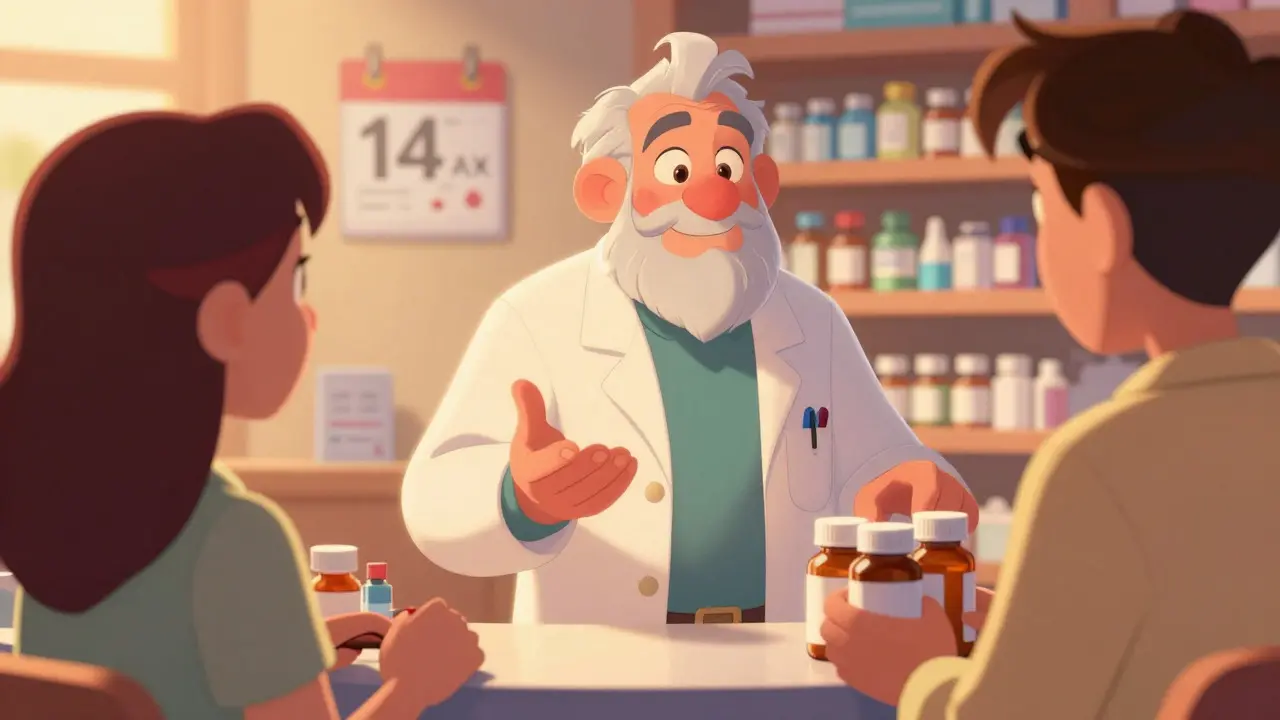 Friendly pharmacist advising a customer on medication safety