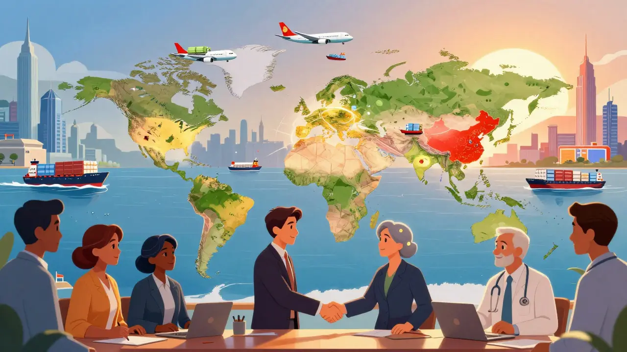 Glowing global map showing pharmerging markets and international pharmaceutical trade connections.