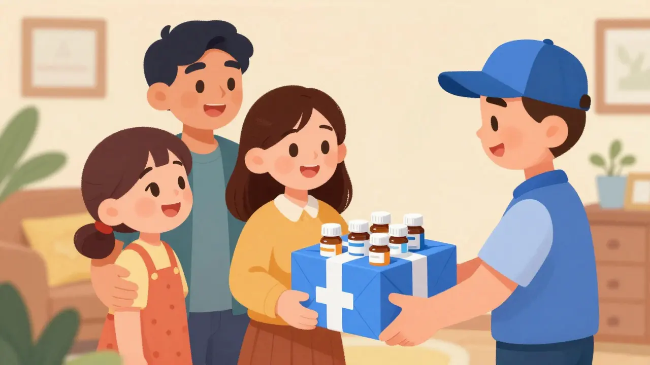 Happy family receiving a medication package at their doorstep
