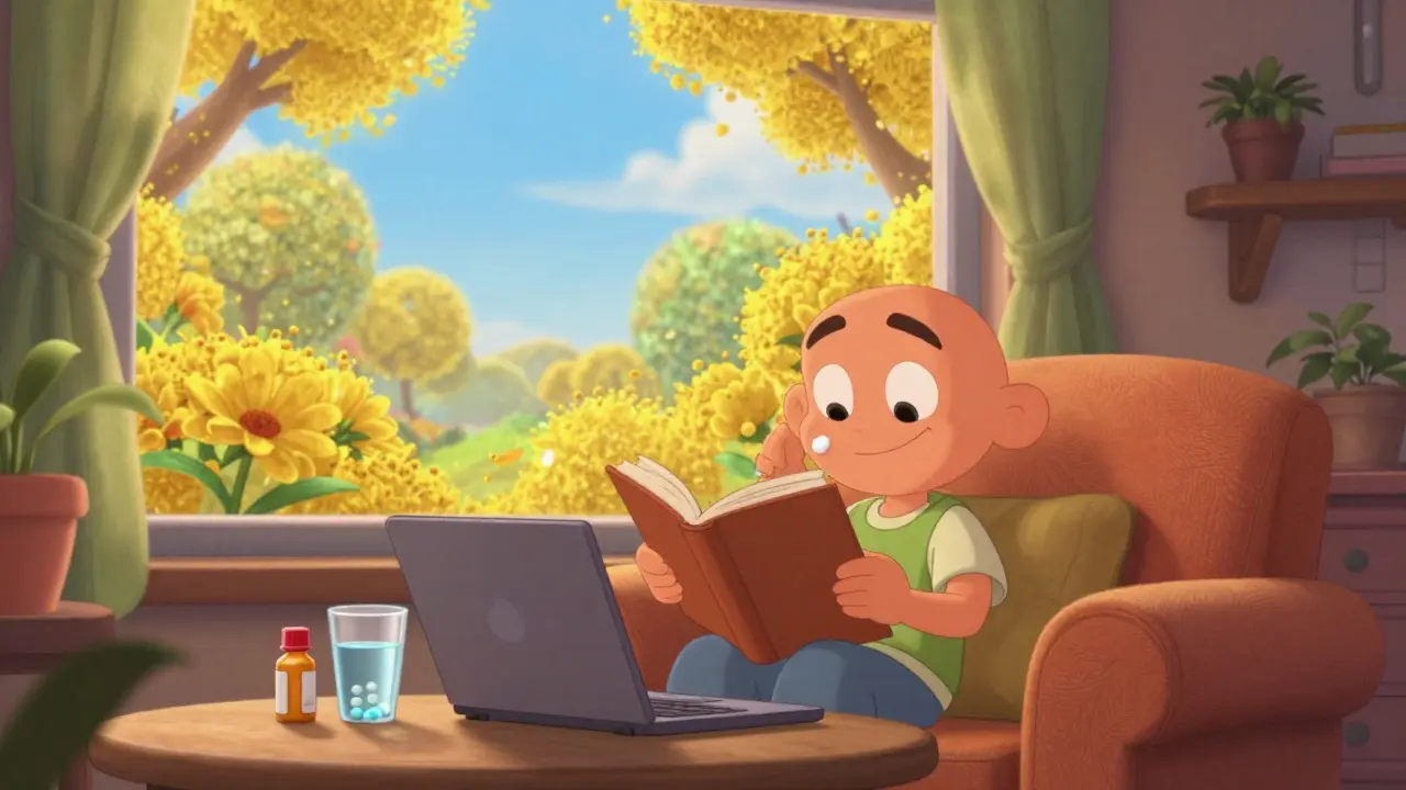 Happy person relaxing indoors while pollen swirls outside, showing allergy relief