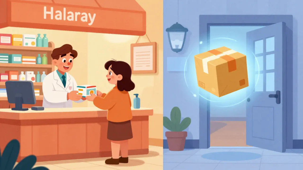 Illustration comparing local pharmacy pickup with online home delivery options