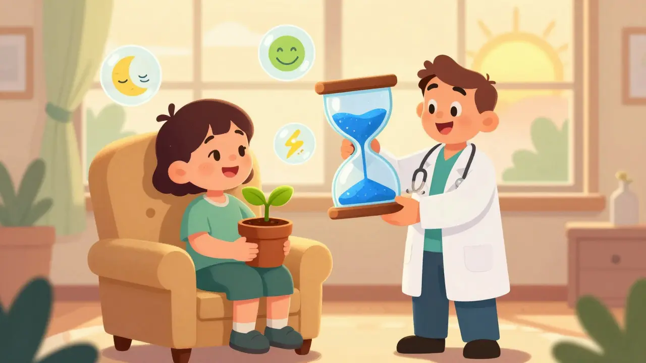 Patient and doctor with hourglass symbolizing the wait time for medication