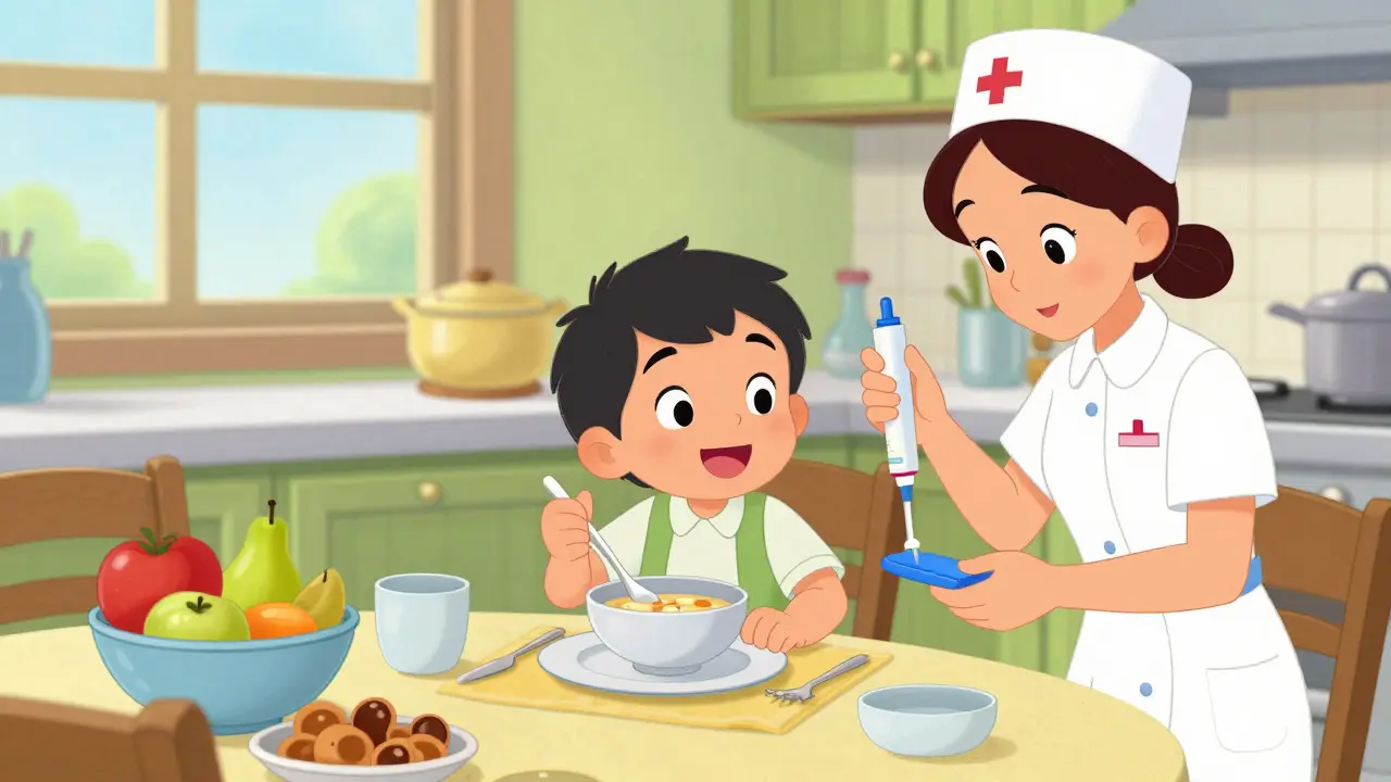 Patient eating soup while receiving nutritional support in a bright kitchen