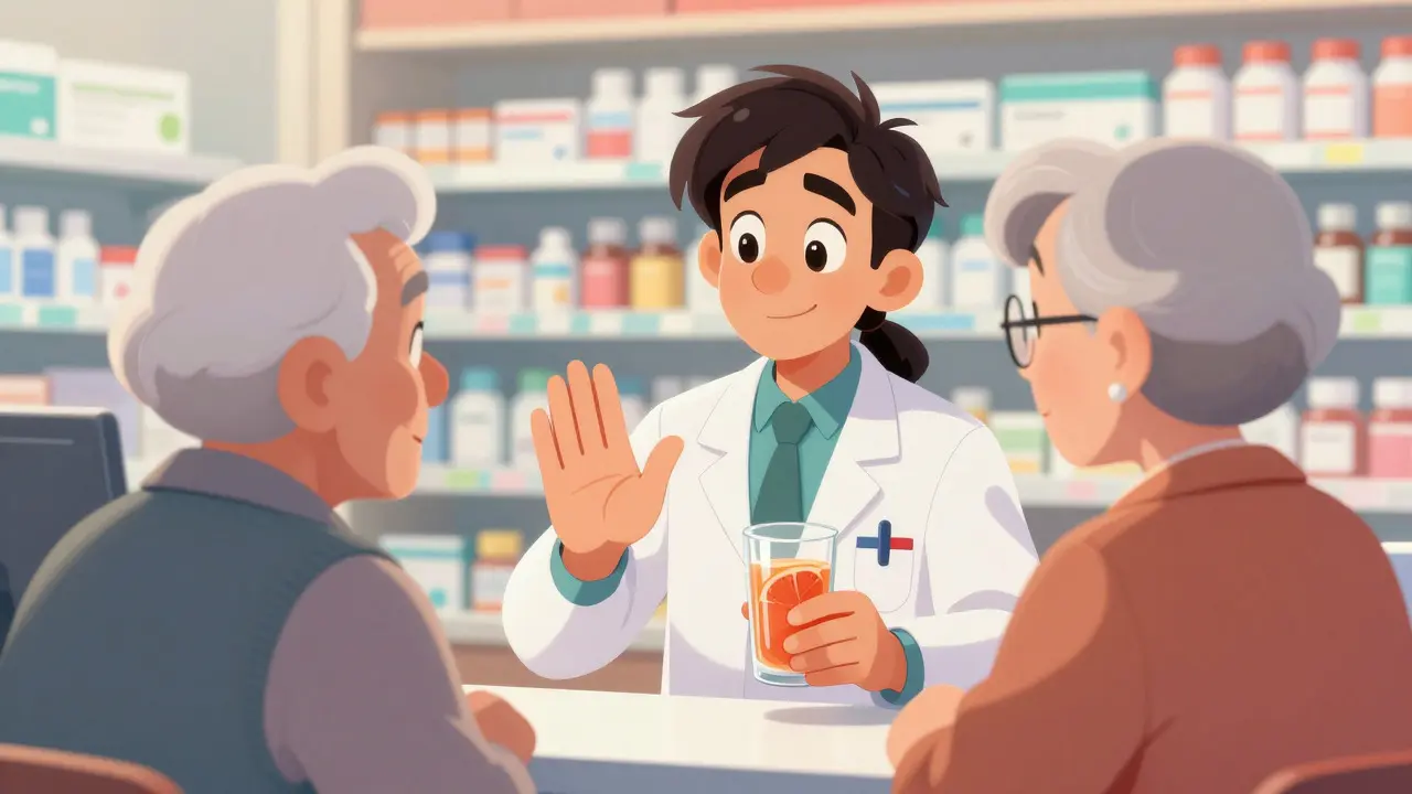 Pharmacist advising senior about drug interactions with grapefruit