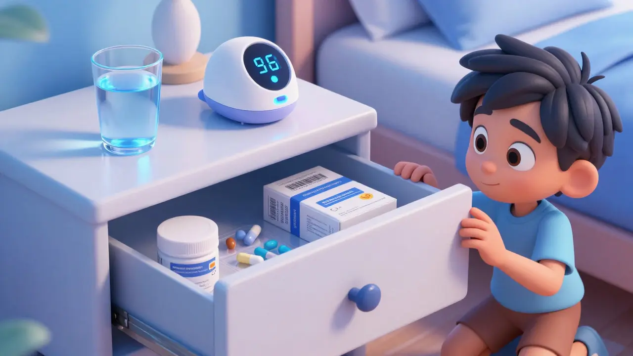 Safe medication storage in bedroom with smart dispenser