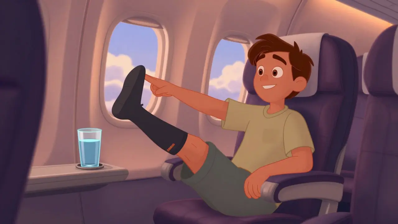 Traveler stretching legs and drinking water on an airplane seat
