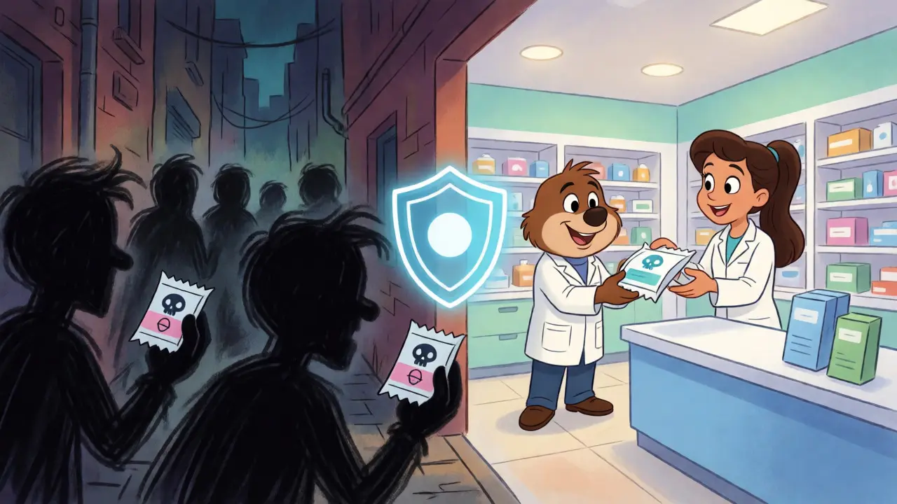 Contrast between shady street sellers and safe pharmacy