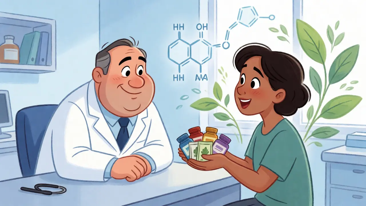 Patient openly sharing supplement bottles with a friendly doctor in exam room.