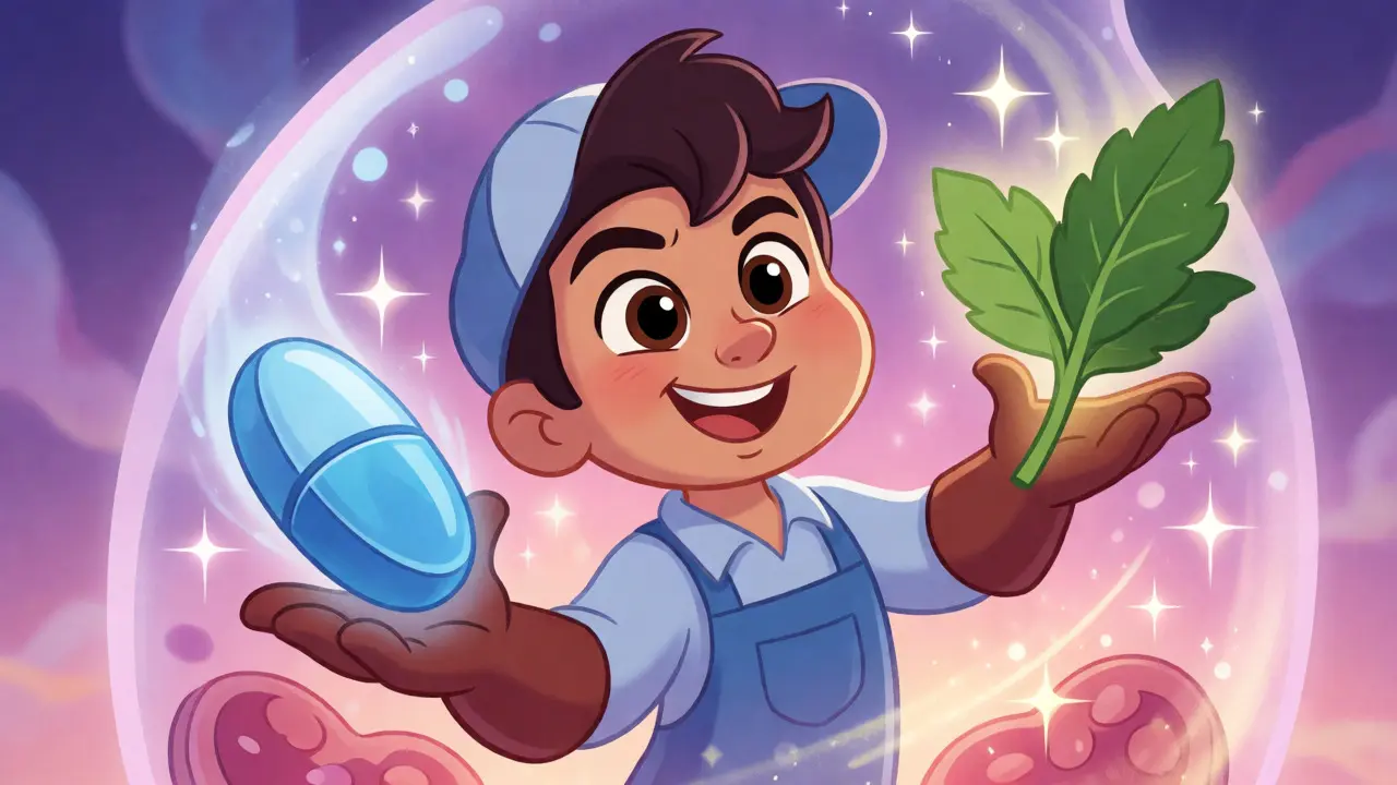 Personified liver cells managing pills and herbs in a magical biological setting.